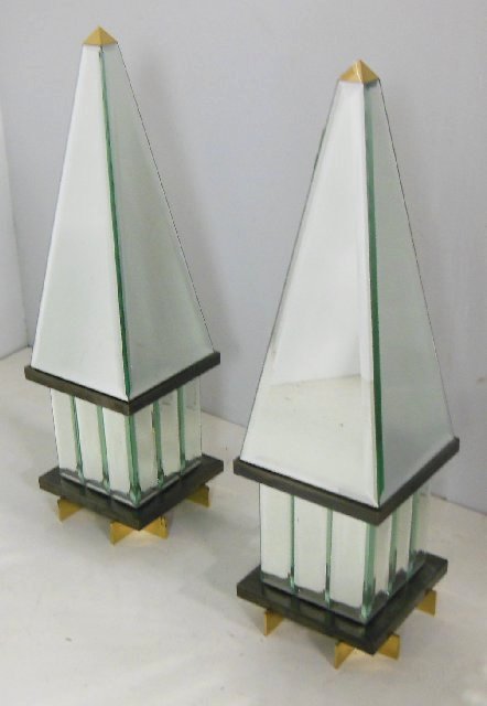 Pr comtemporary mirrored obelisks on brass stands: Approx. 37" H.