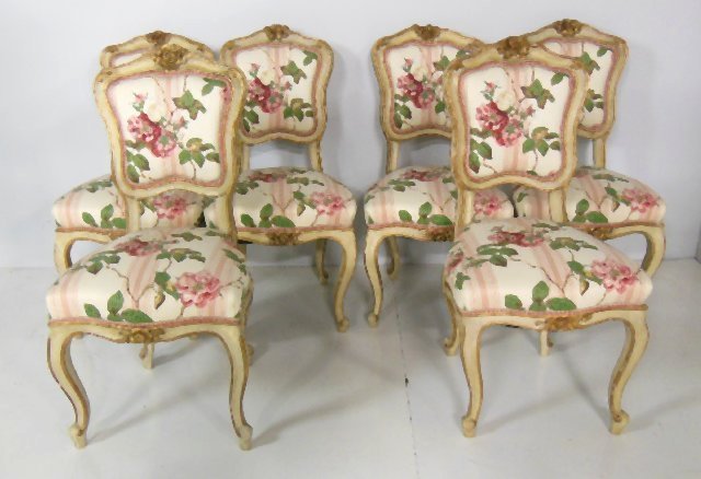 Late 19thc. Louis XV Set of 6 Dining Room chairs: Carved Louis XV set of 6 side dining room chairs. Floral upholstery, carved wood frame has gilt.