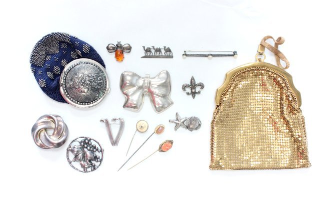 Mesh bag, 9 sterling silver pins, & 3 stick pins: Needlepoint and gold mesh bag, 9 sterling silver pins and 3 stick pins.