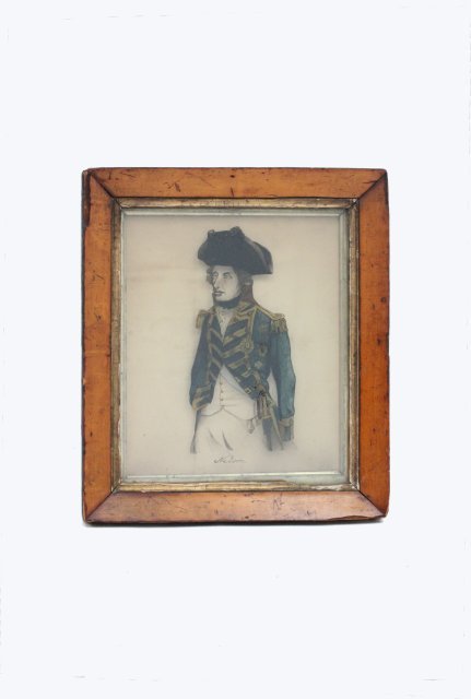 Admiral Nelson portrait: Reverse painting on glass in Bird's Eye maple frame. Approx. 10" X 8". WIth original consignment tag from Lubin Galleries.