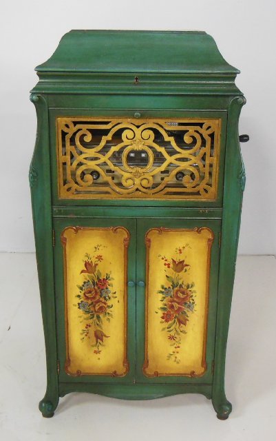 Paint decorated phonograph ca. 1920's: With stereo insert & turn table.