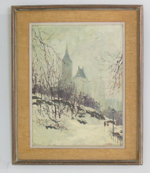 Bagomir Bogdanovic "Winter Scene" 1923: Image approx. 25" x 19", 30.5" x 24.5" with frame. From the collection of a Queens, NY antique dealer.