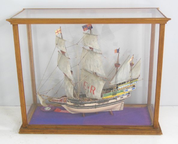 "Ship" model in plexiglass case: Ship approx. 28" W x 24" H, 35" W x 29" total case. From the collection of a Queens, NY antique dealer.