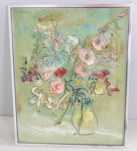 Sterling Boyd Strauser oil painting: On board, "Still Life". Approx. 23.5" x 29.5".