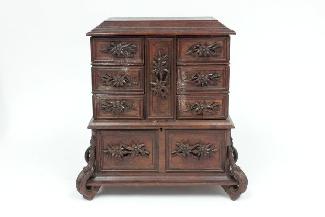 Unusual 8 drawer black forest jewelry chest: Approx. 13.5" H x 10.5" W x 6.5" D.