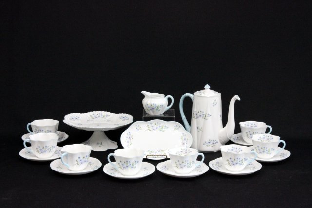 Shelley tea set Blue Rock pattern: "Blue Rock" pattern; #13591. Consisting of: 8 cups, 8 saucers, coffee pot, creamer, oval dish, pedestal cake plate.