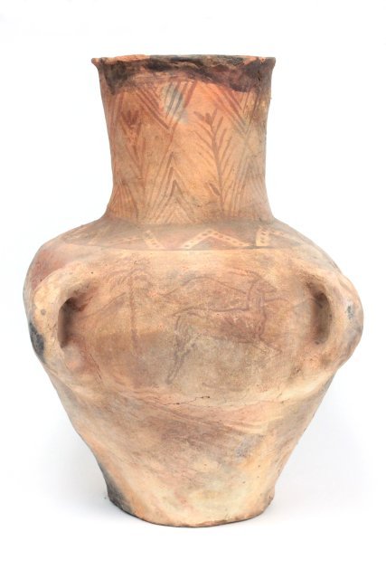 Syrian clay urn with 2 handles 1000 B.C.: "Geometric" design, "Animals" paint worn. Approx. 20" H x 12.5" D. Collection of Middle Eastern antiquities from a Long Island, NY collection. All property from the Field Estate in East Hampton, NY. A