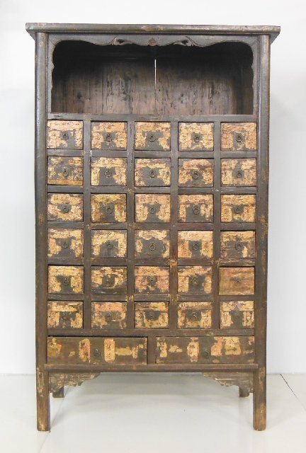 Asian apothecary cabinet: Fair condition. Approx. 72" H x 43.5" W x 21.25" D.