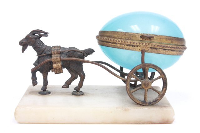 Miniature opaline box: Being pulled by a donkey, on marble base.