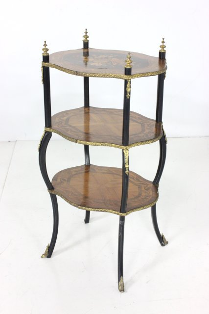 3 tier French bronze mounted tea table ca. 19th c.: With "Floral" inlays. Approx. 32" H x 16" x 14" D.