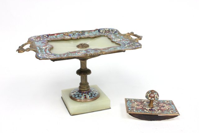 19th c. French enamel & bronze blotter & compote: Mounted on a marble base.