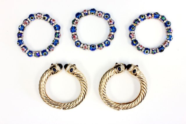 Group lot of costume jewelry: 2 "Cine" costume jewelry bracelets, 3 Murano glass beads & rhinstone bracelets. (3229)