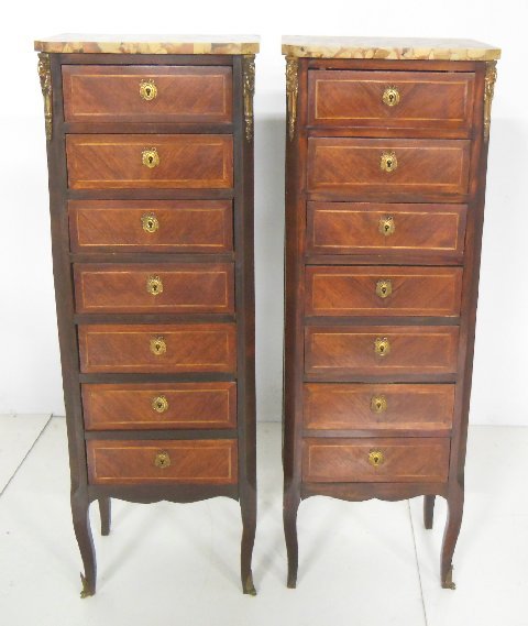 Pair French bronze mounted marble top seminaires: Ca. 19th c. Approx. 48" H x 16.25" W.