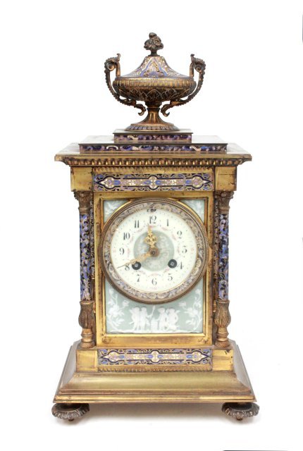 19th c. French enamel & bronze clock: 4 enamel columns, urn top, works stamped France, Jasperware, plaques depicting "Cupid", with pendulum. Approx. 16.5" H.