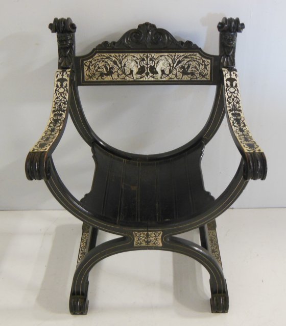 19th c. aesthetic bone inaid chair: Inlays depicts "Cherubs with Flying Dragons"