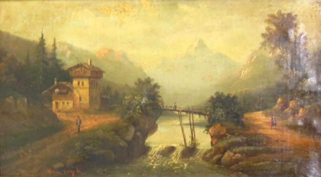 19th c. oil painting: "Landscape with Bridge & Figures". Image approx. 8" x 16", 16" x 24" with frame.