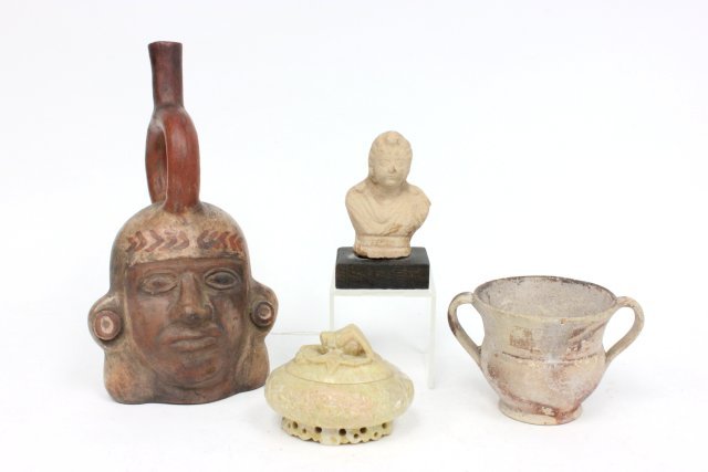 Lot of Middle Eastern antiquities: Including: 1- Clay bust of a "Child" on wood stand, approx. 3.5" H. 1- Etruscan wine cup with 2 handles, approx. 3.5" H x 4" W. 1- Clay terracotta flask painted Pre-Columbian torso, aprox. 10" H. 1- A