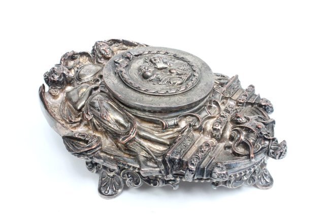 Silvered bronze "Allegorical" inkwell: Attributed to Christofle. Approx. 6.5" x 5" x 2.5" H.
