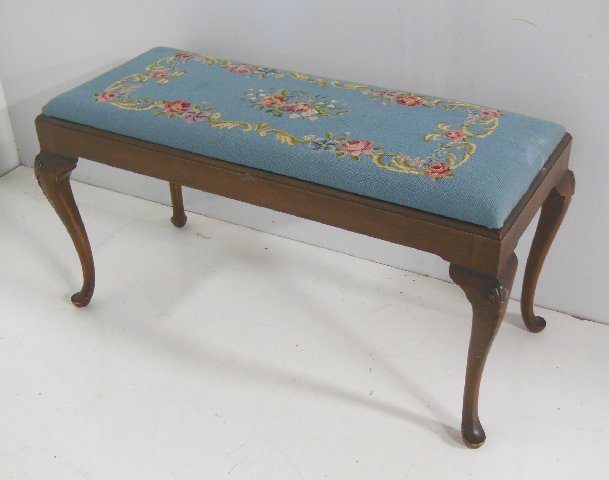 Needlepoint mahogany Queen Ann legs bench: Approx 19" H x 59" L.