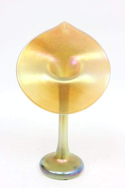 Art glass yellow vase by Orient & Flume: "Jack in the Pulpit", with paper label on bottom. approx. 11" H.