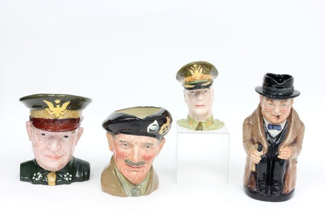 Lot of 4 toby mugs: Including: Monty by Royal Doulton, Winston Churchill by Royal Doulton, Barrington mug, General Douglas MacArthur by Royal Doulton.