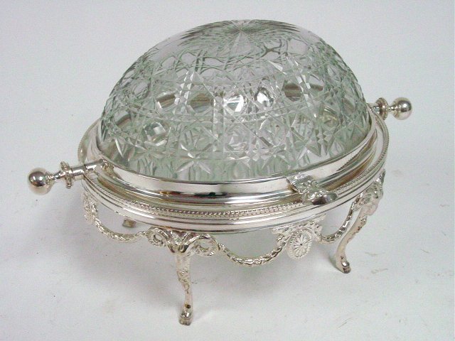 Crystal & silver plate footed caviar server: With "Ram's Heads" & "Tassle" design. Approx. 6" H x 9" W.