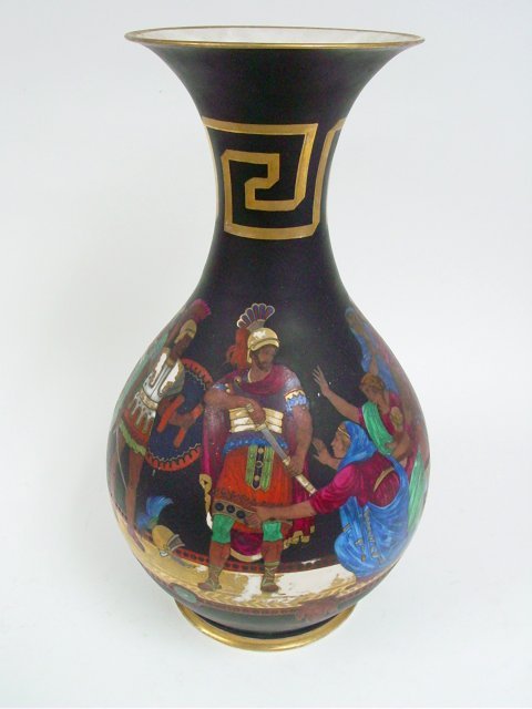 19th c. Old Paris porcelain vase: Handpainted "Grecian Scene". Approx. 20" H. Some paint loss.