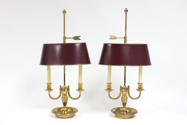 Pair excellent quality bronze bouillotte lamps: With tole red shades. Approx. 25" H x 13" W.