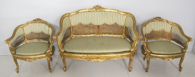 French style salon set- 3 piece: Pair bergere chairs & loveseat. Chairs approx. 27" arm to arm x 27" H (back), loveseat 46.5" x 34" H.