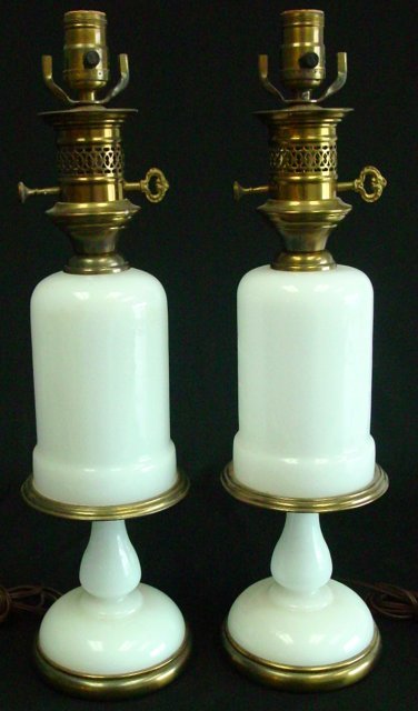 Pair of Opaline glass lamps: With brass trim. Approx 18" H. (3237.3)