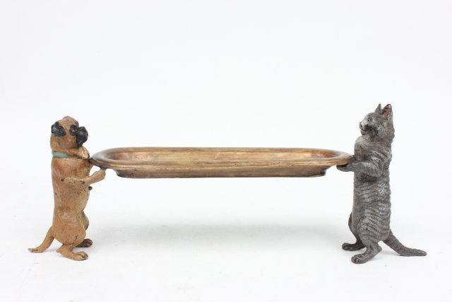 Vienna bronze style cold patinated pen holder: Depicting "Cat & Dog". Approx. 11" x 5" H.