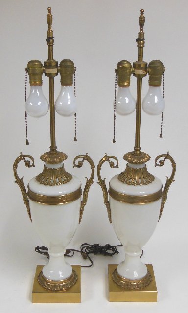 Pair gilt metal mounted opaline lamps: Approx. 18" H.