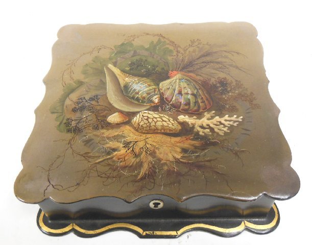 Russian handpainted papier mache box: Depicting "Sea Shells & Leaves," with mother of pearl. Approx. 2.5" H. x 7.25" W.