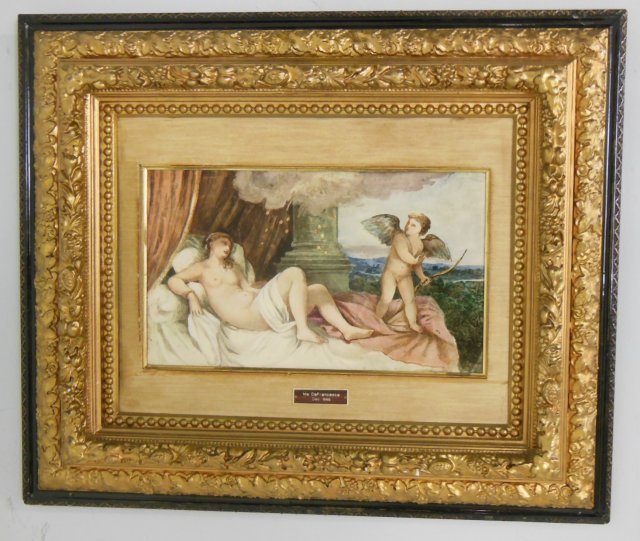 Minton handpainted plaque signed & dated: Signed Me de Francecsca Declot 1876. Depicting "Venus & Cupid", unframed. Approx. 9.25" x 15.75", reframed gilt frame 23" x 27".