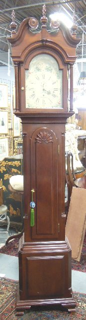 Reproduction cherry mahogany Grandfather's clock: John Goddard Newport, by Sleigh. Approx. 7' H.