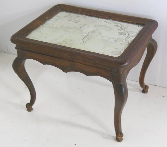 Etched mirror top table in the Asian taste: Ca. 1920's, needs resilvering. Approx. 25" x 19" x 19" H.