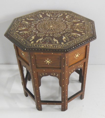 British/Indian rosewood & inlaid taboret table: Octagonal shape. Approx. 18" X 18".