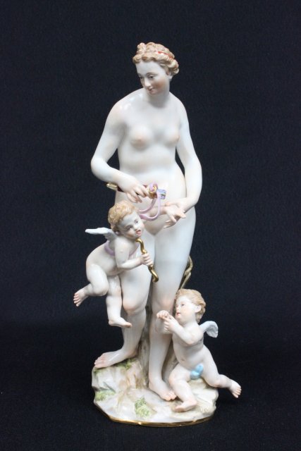 19th c. Meissen porcelain grouping: "Athena with 2 Cupids", incised mark 83,9, blue cross sword mark. Approx. 9" H. The property of a NYC gentleman's 20 year collection. Possible professional restorations.