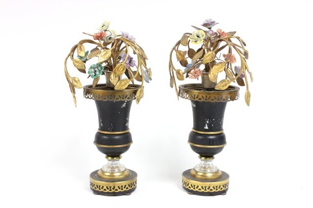 Pair paint decorated lamps with porcelain flowers: Urn shaped with multi colored flowers & gold metal shaped leaves. Approx. 17.5" H