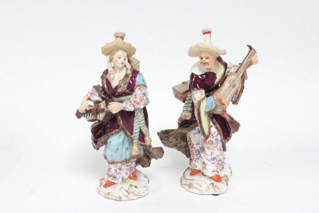 Pair early 19th c. Meissen porcelain figurines: In the Asian taste, "Playing Instruments", incised mark 1569,#20 & 1576,#47, blue cross sword mark. Approx. 7.5" H. The property of a NYC gentleman's 20 year collection. Possible professional restorat