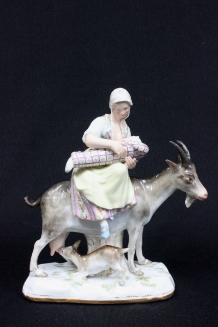 19th c. Meissen porcelain grouping: "Mother & Child Riding a Ram with Suckling Baby", incised mark 83, blue cross sword mark. Approx. 7.5" H x 6.25" across. The property of a NYC gentleman's 20 year collection. Possible professional res