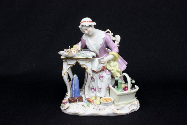 19th c. Meissen porcelain figurine: "Girl Seated at Writing Desk", incised mark 2654, blue cross sword mark. Approx. 7" H x 5.25" W. The property of a NYC gentleman's 20 year collection. Possible professional restorations.