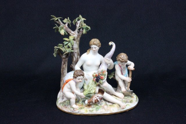 19th c. Meissen porcelain grouping: "Planting Season, Nude Woman with 2 Children, Chicken & Globe", incised mark 832, 58, blue cross sword mark. Approx. 7" H x 6.5" across. The property of a NYC gentleman's 20 year collection. Possible 