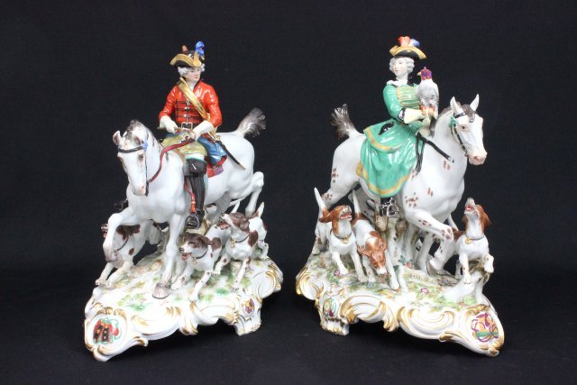 19th c. Pair Meissen porcelain hunting figures: "Gentleman & a Lady Riding a Horse with Hunting Dogs", dogs are removable, 1 dog is missing an ear, the lady is holding a hawk in her right hand, incised mark on lady V132, the gentleman has incised m