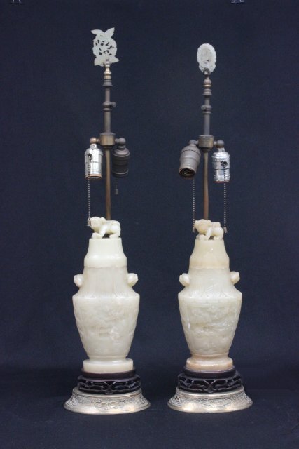 Pair of jade like soapstone urns: Mounted as lamps. Urns approx. 12" H, 28.5" H to top of finial.