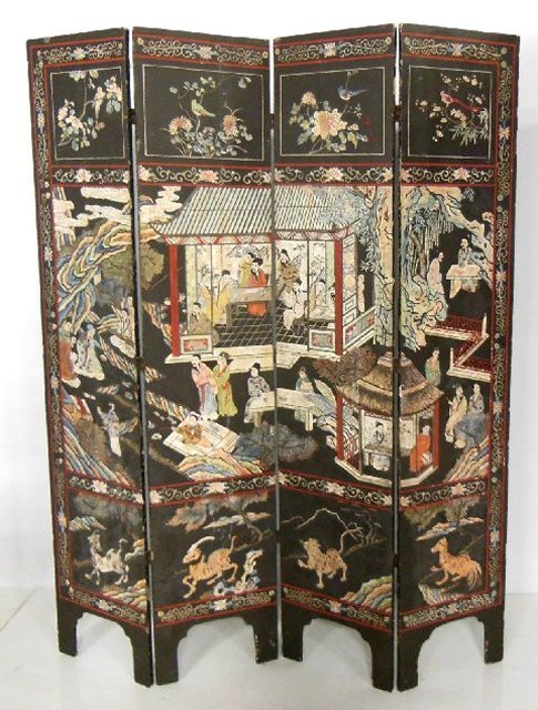 Chinese Coromandel 4 panel screen: As is. Approx. 16" each panel X 78" H.