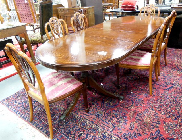 Duncan Phyfe Mahogany Dining Room Table & 8 Chairs: Pencil Inlaid double pedestal mahogany Dining Room table with 2 leaves. 2 Arm chairs and 6 side chairs. Approx. 42" Deep X 66" Long X 30.5" H.