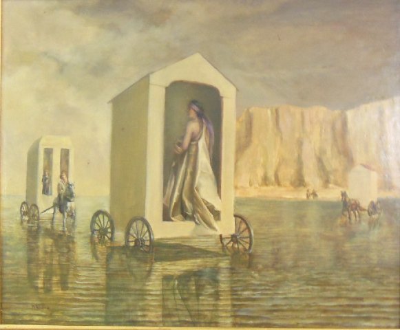 Philip Wade oil painting: "Surreal Beach Scene", on masonite, dated 1980, listed artist. Framed approx. 24' x 28".
