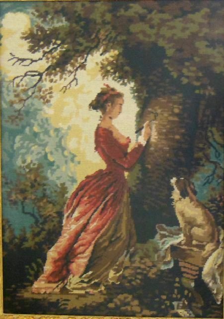 Framed needlepoint "Lads with Dogs": Image - approx. 27" H x 19" W. Framed - 33" H x 25".