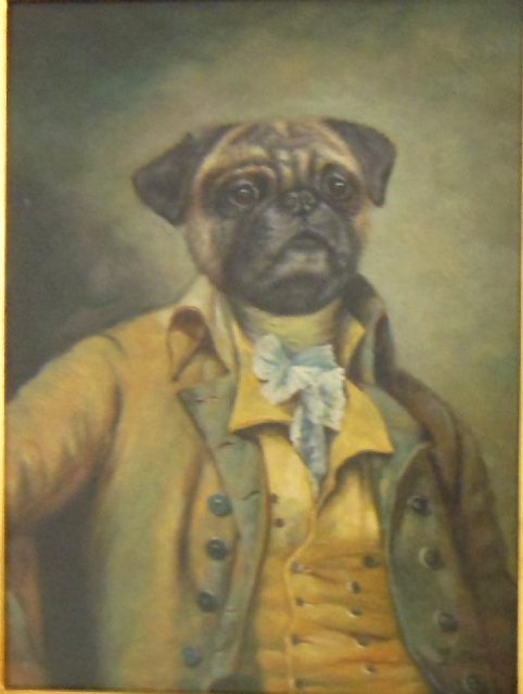 20thc. Painting on Board Framed: Depicting 'Dog in Man's Suit.' Image approx. 16" X 12". Framed approx. 22" X 18".